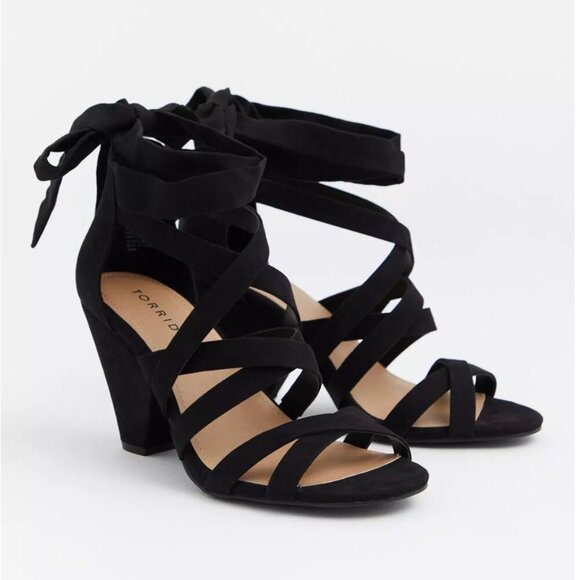 Torrid Heels Ankle Wrap Cone Heel Sandal Open Toe Faux Suede Black Size 8.5 Wide - Picture 2 of 11